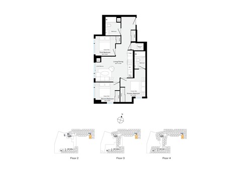 Floor plan for 3 beds, 2 baths, 877 sqft